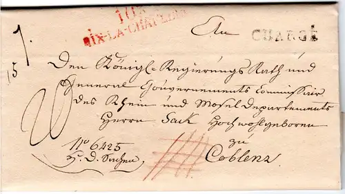 Preussen 1814, roter L2 103 Aix-La Chapelle u. L1 Chargé auf Brief n. Koblenz