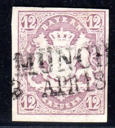 Bayern 18, gest. breitrandige 12 Kr. violett m. L2 München. Geprüft