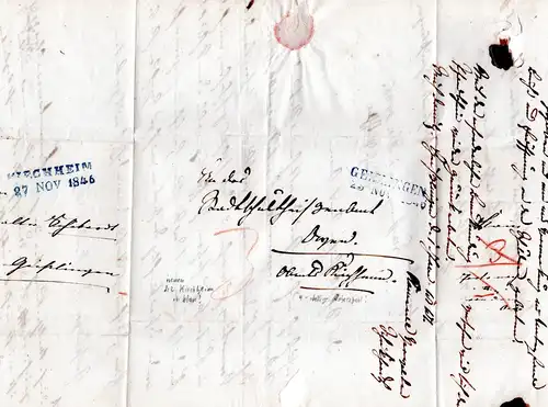 Württemberg 1846, L2 GEISLINGEN u. innen KIRCHHEIM, je in blau auf Wende-Brief