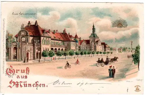 Gruss aus München m. Nationalmuseum u. Pferdekutsche, 1900 gebr. Litho-AK