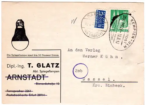 1949, Bahnpoststpl. Kempten-Ulm auf Firmenkarte m. 10 Pf. v. Gönenbach/Allgäu