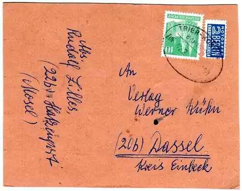 1950, Bahnpoststpl. Trier-Koblenz auf Karte m. 10 Pf. v. Hatzenpost