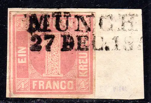 Bayern 3 Ia, breitrandige 1 Kr. rosa auf Briefstück m. L2 München