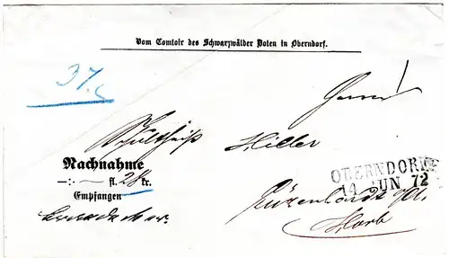 Württemberg 1872, L2 OBERNDORF auf Vordruck NN-Brief des Schwarzwälder Boten