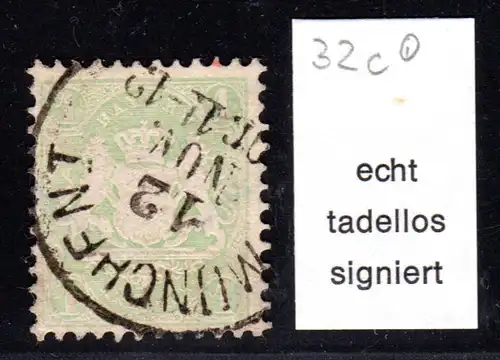 Bayern 32c, 1 Kr. hellgelbgrün m. WZ "weite Welle" u. klarem K1 München. Geprüft