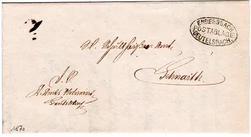 Württemberg 1870, Postablage BEUTELSBACH (Endersbach) auf Brief n. Schnaith