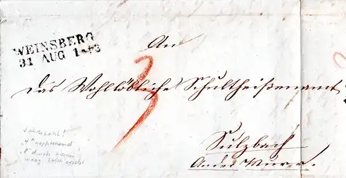 Württemberg 1843, L2 WEINSBERG m. Stempelfehler im Datum auf Brief n. Sulzbach