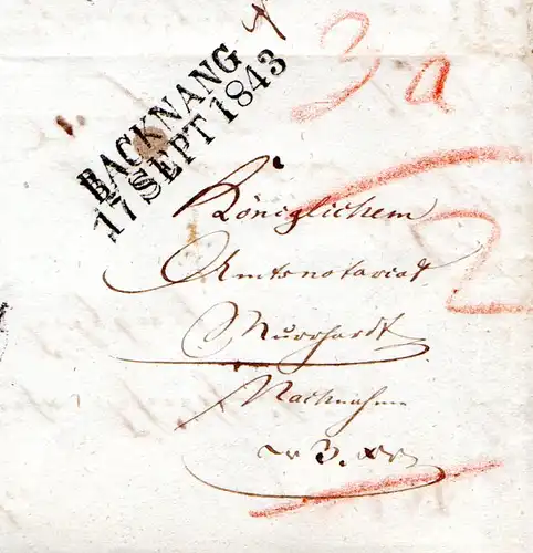 Württemberg 1843, L2 WEINSBERG m. Stempelfehler im Datum auf Brief n. Sulzbach