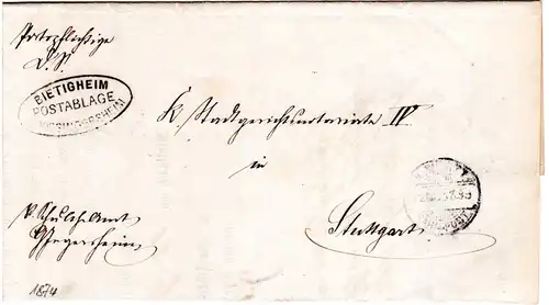 Württemberg 1874, Postablage GROSSINGERSHEIM (Bietigheim) auf Brief n. Stuttgart