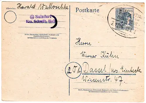 1948, Bahnpoststpl. Crailsheim-Heilbronn auf 12 Pf. Ganzsache v. Sulzdorf