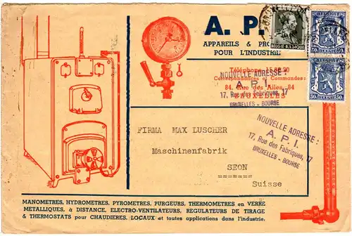 Belgien 1939, 75+Paar 50 C auf illustriertem Firmenbrief v. Brüssel i.d. Schweiz