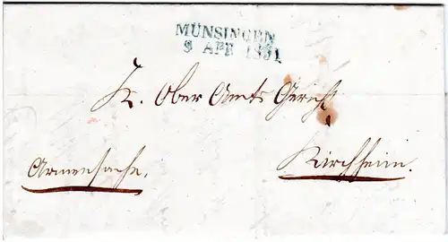 Württemberg 1851, blaugrüner L2 MÜNSINGEN auf Armensache Brief n. Kirchheim
