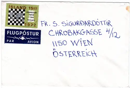 Island 1972, 15 Kr. Schach Weltmeisterschaft auf Bedarfs Luftpost Brief n. Wien