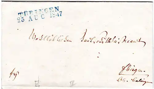 Württemberg 1847, L2 TÜBINGEN in blau auf Franko Brief n. Ebingen