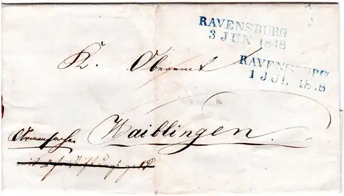 Württemberg 1848, 2xL2 RAVENSBURG in blau u. WAIBLINGEN auf 3mal gebr. Faltbrief