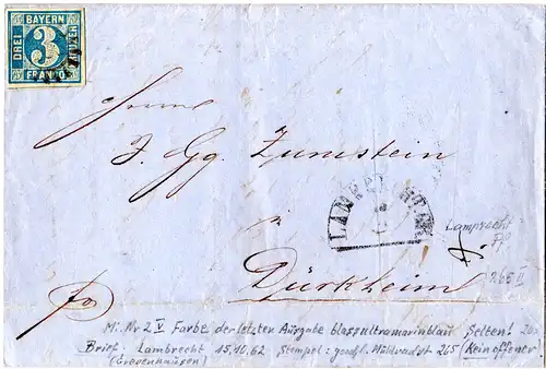 Bayern 1862, breitr. 3 Kr. (Pl. V) auf Brief m. MR 265 v. Lambrecht n. Dürckheim