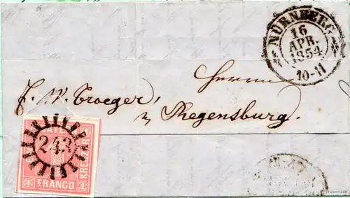 Bayern 1854, breitr. 1 Kr. rosa auf Streifband Drucksache aus Bremen. Geprüft