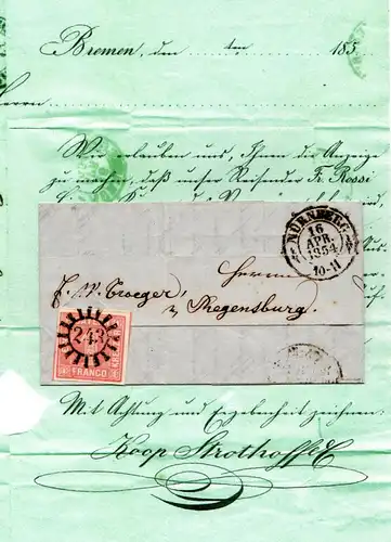 Bayern 1854, breitr. 1 Kr. rosa auf Streifband Drucksache aus Bremen. Geprüft