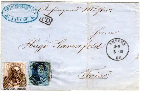 Belgien 1860, 10+20 C. auf PD Muster Ohne Wert Brief v. Anvers n. Deutschland