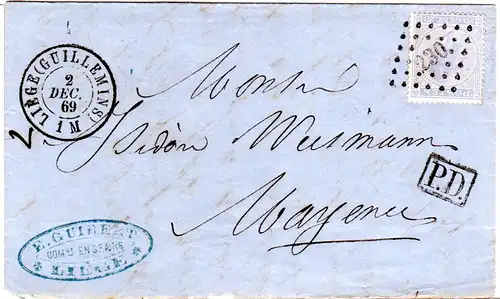 Belgien 1869, 20 C. auf PD Brief m. Stpl. 230 Liège (Guillermins) n. Deutschland