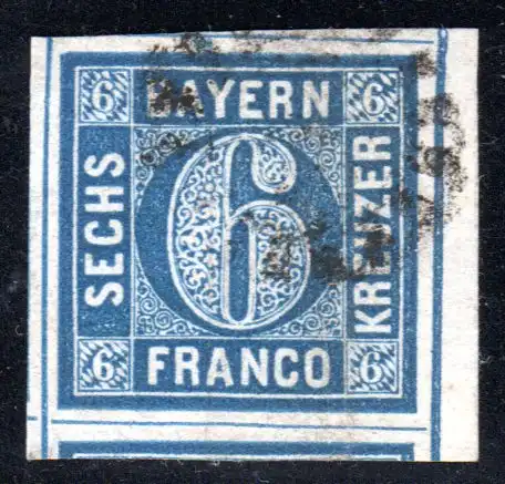 Bayern 10, riesenrandige gebr. 6 Kr. blau m. rechtem Bogenrand