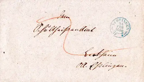 Württemberg 1850, K2 NÜRTINGEN u. innen ESSLINGEN, je in blau auf Wende-Brief 