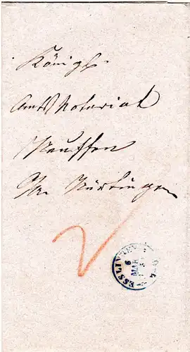 Württemberg 1850, K2 NÜRTINGEN u. innen ESSLINGEN, je in blau auf Wende-Brief 