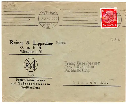 DR 1935, 12 Pf. m. perfin auf Firmen Brief v. München.