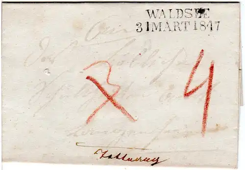 Württemberg 1847, L2 WALDSEE klar auf Porto Brief n. Langensee b. Tettnang
