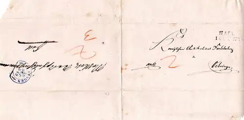Württemberg 1849, blauer Steigbügelstpl. OERINGEN auf 2x verw. Brief nach Hall