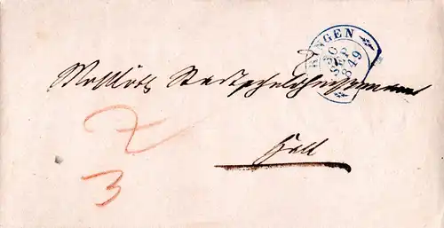 Württemberg 1849, blauer Steigbügelstpl. OERINGEN auf 2x verw. Brief nach Hall