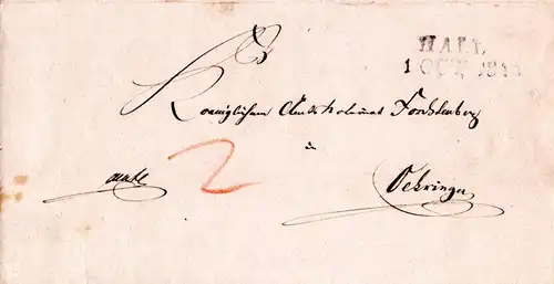 Württemberg 1849, blauer Steigbügelstpl. OERINGEN auf 2x verw. Brief nach Hall