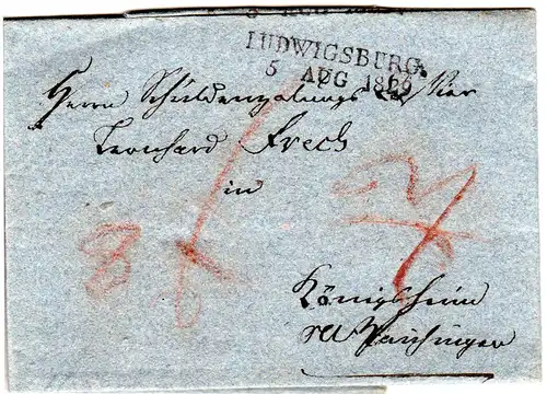 Württemberg 1829, L2 LUDWIGSBURG auf Porto Brief n. Königsheim OA Spaichingen