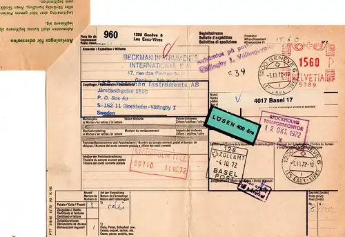 Schweiz 1972, Paketkarte m. Freistempel v. Genf u. Schweden Porto-Formular 