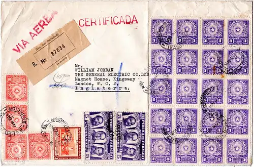 Paraguay 1955, 27 Marken auf Luftpost Einschreiben Brief v. Asuncion n. GB