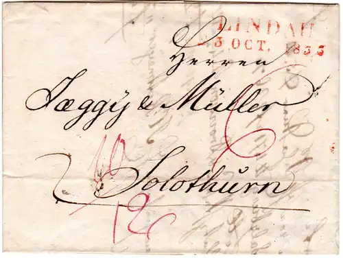 Bayern 1833, roter L2 Lindau auf Porto Brief i.d. Schweiz