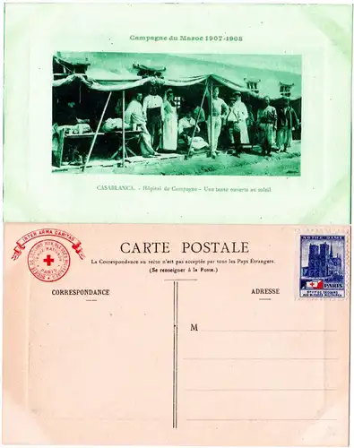 Marokko 1907/08, Casablanca Hostpital-AK m. Rotes Kreuz Vignette u- Zudruck