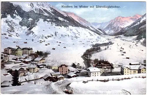 Schweiz, Klosters im Winter m. Silvrettagletscher, 1912 gebr. Farb-AK