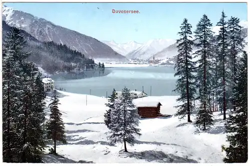 Schweiz, Davosersee, Winterkarte m. Gebäuden, 1908 gebr. Farb-AK