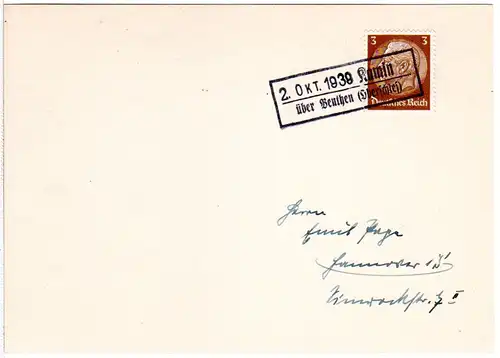 DR 1939, Landpost Stpl. KAMIN über Beuthen auf Karte m. 3 Pf. 