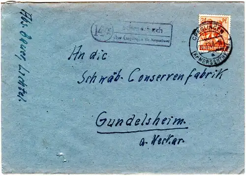 1948, Landpost Stpl. SCHMERBACH über Creglingen auf Brief m. 24 Pf.