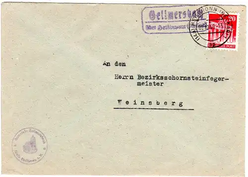 1948, Landpost Stpl. GELLMERSBACH über Heilbronn auf Gemeinde Brief m. 20 Pf.