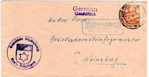 1948, Landpost Stpl. SCHWABBACH über Öhringen auf Gemeinde Brief m. 24 Pf.