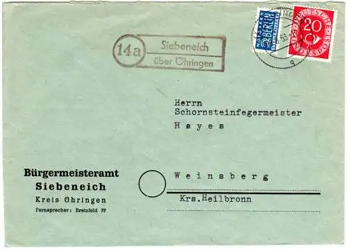 BRD 1953, Landpost Stpl. SIEBENEICH über Öhringen auf Gemeinde Brief m. 20 Pf.