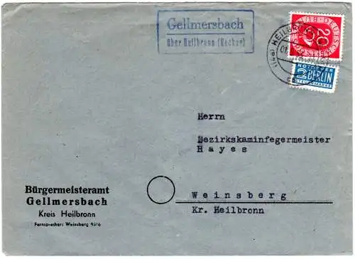 BRD 1953, Landpost Stpl. GALLMERSBACH über Heilbronn auf Gemeinde Brief m. 20 Pf