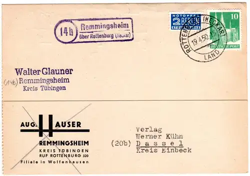 BRD 1950, Landpost Stpl. 14b REMMINGSHEIM über Rottenburg auf Karte m. 10 Pf.