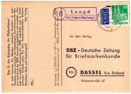 BRD 1950, Landpost Stpl. 16 LANGD über Hungen auf Karte m. 10 Pf.