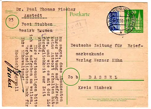 BRD 1950, Landpost Stpl. AXSTEDT über Stubben (Bz- Bremen) auf 10 Pf. Ganzsache