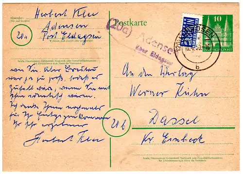 BRD 1950, Landpost Stpl. 20a ADENSEN über Eldagsen auf 10 Pf. Ganzsache