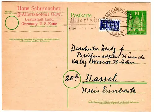 BRD 1950, Landpost Stpl. ALLERTSHOFEN über Darmstadt auf 10 Pf. Ganzsache